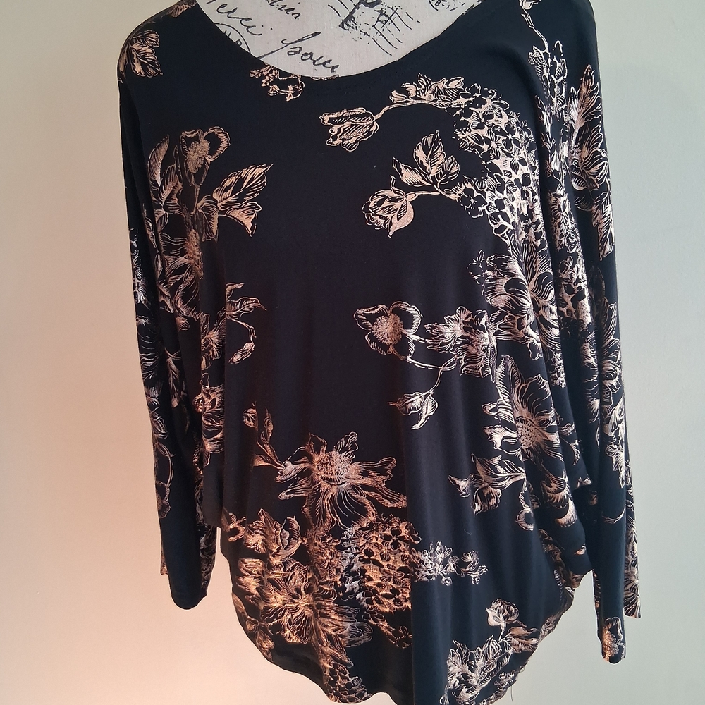 Kim & Cami Womens Black Rose Gold Floral Foil Dolman Sleeve Top M